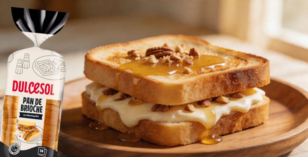 El pan de molde brioche Dulcesol destaca por su miga tierna, esponjosa y ligeramente dulce, lo que lo convierte en una base perfecta tanto para recetas dulces como saladas.