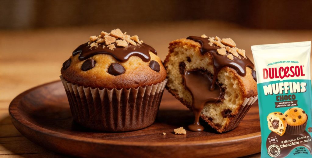 Los muffins rellenos de crema de chocolate con leche Dulcesol son suaves, esponjosos y con un interior cremoso.
