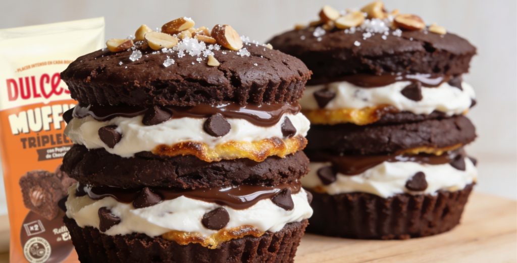 En esta receta, los muffins de cacao rellenos de crema de cacao Dulcesol se transforman en una elaboración en capas, donde su miga esponjosa se combina con un ligero tostado para aportar textura.