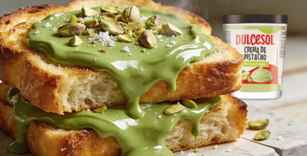 En esta receta, la crema de pistacho se transforma en una salsa templada que potencia su textura suave y su sabor intenso.
