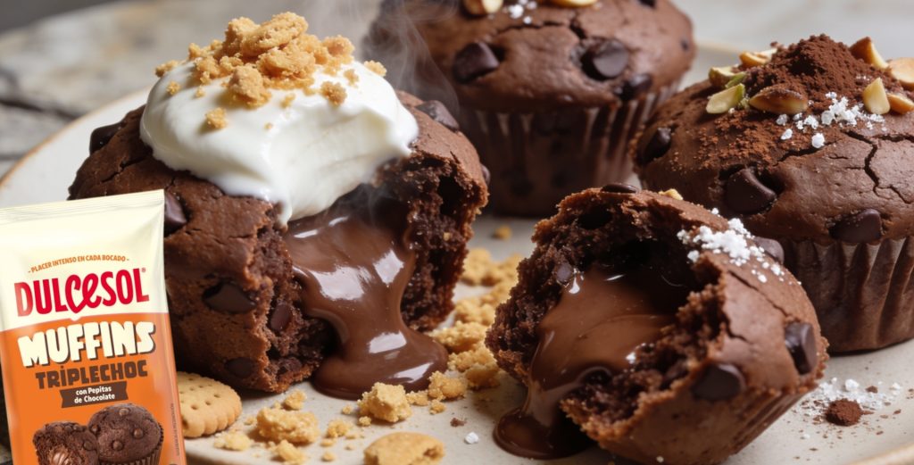 Estos muffins destacan precisamente por su miga suave, sus pepitas de chocolate y su interior cremoso, ideales para recetas rápidas pero con acabado más indulgente y visual.