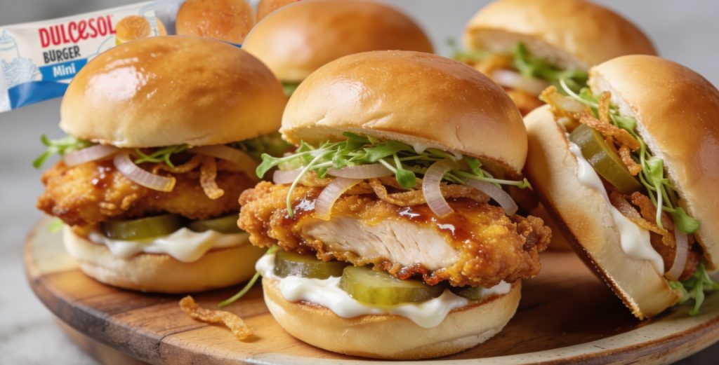 En esta receta, los mini burger Dulcesol se convierten en la base de una propuesta inspirada en una de las tendencias más potentes del momento: los bocados “street food gourmet”. Su textura tierna y ligera permite crear mini burgers muy visuales, fáciles de compartir y con muchísimo contraste de texturas.