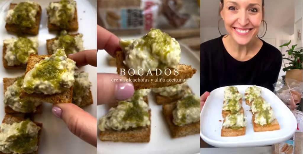 BOCADOS CON CREMA DE ALCACHOFAS Y ALIÑO DE ACEITUNAS
