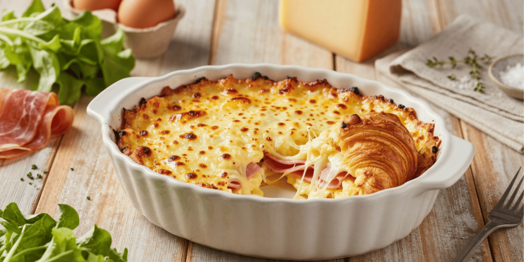 Pastel de cruasán gratinado con jamón y queso