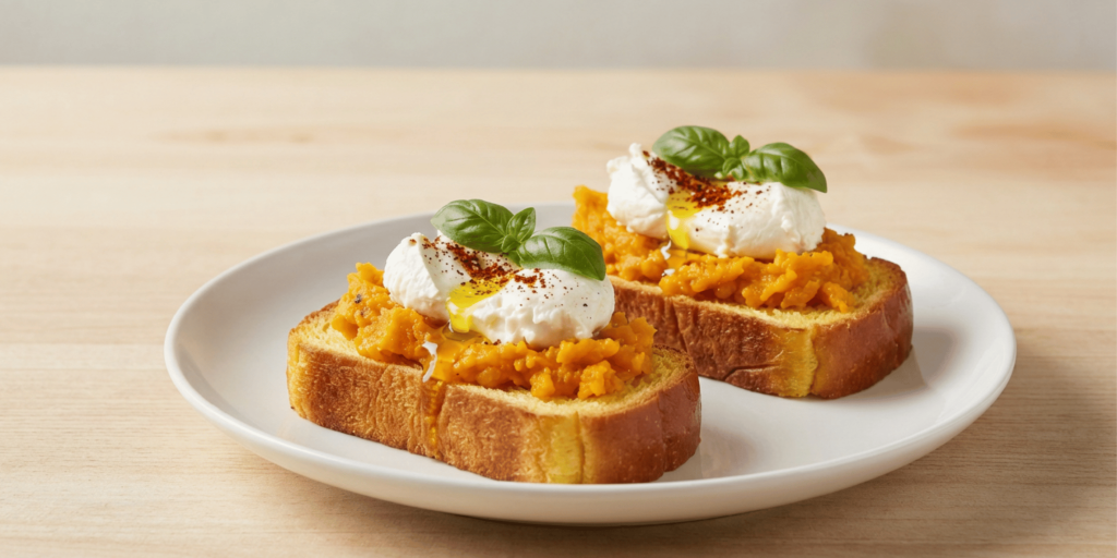 Estas tostas elaboradas con pan brioche de Dulcesol combinan la dulzura natural de la calabaza con la cremosidad de la burrata.
