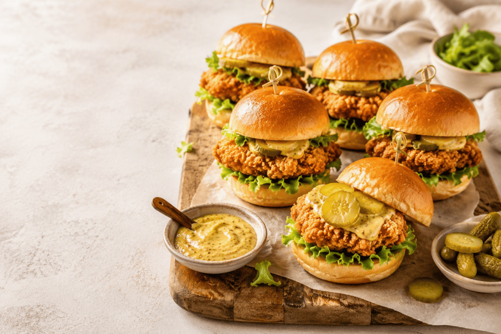Mini burgers de pollo crujiente con salsa de miel y mostaza