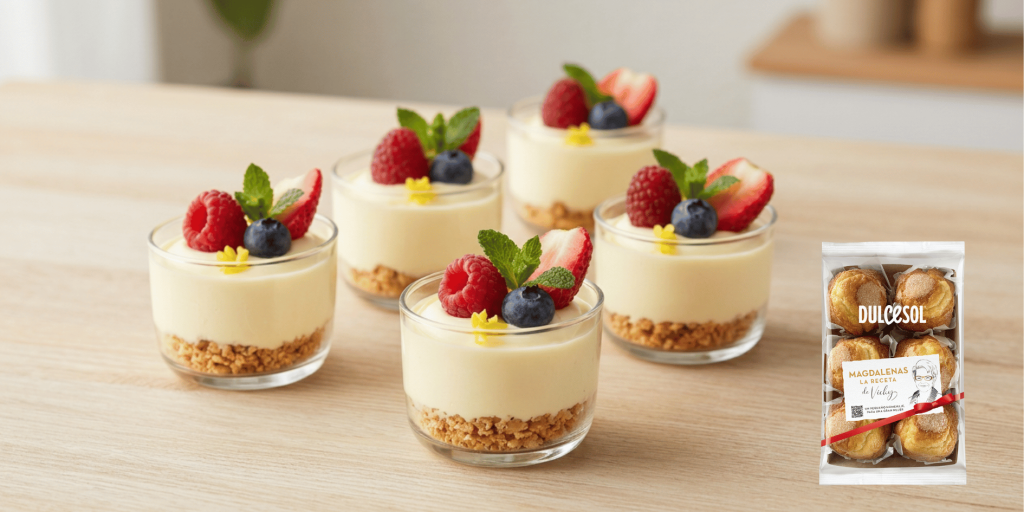 Vasitos de cheesecake con magdalenas artesanas y frutos rojos